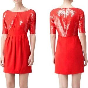 Reiss Red/Orange  Sequin Top 3/4-Sleeve Fitted Dress Size 4